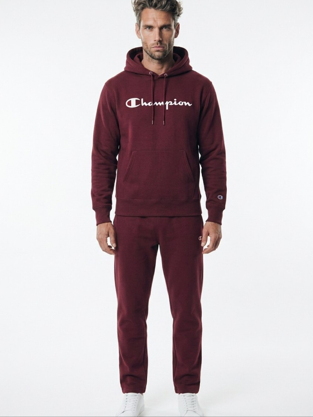 Champion Powerblend Hoddie Mens Lg Burgundy Maroon White Script Logo Pullover